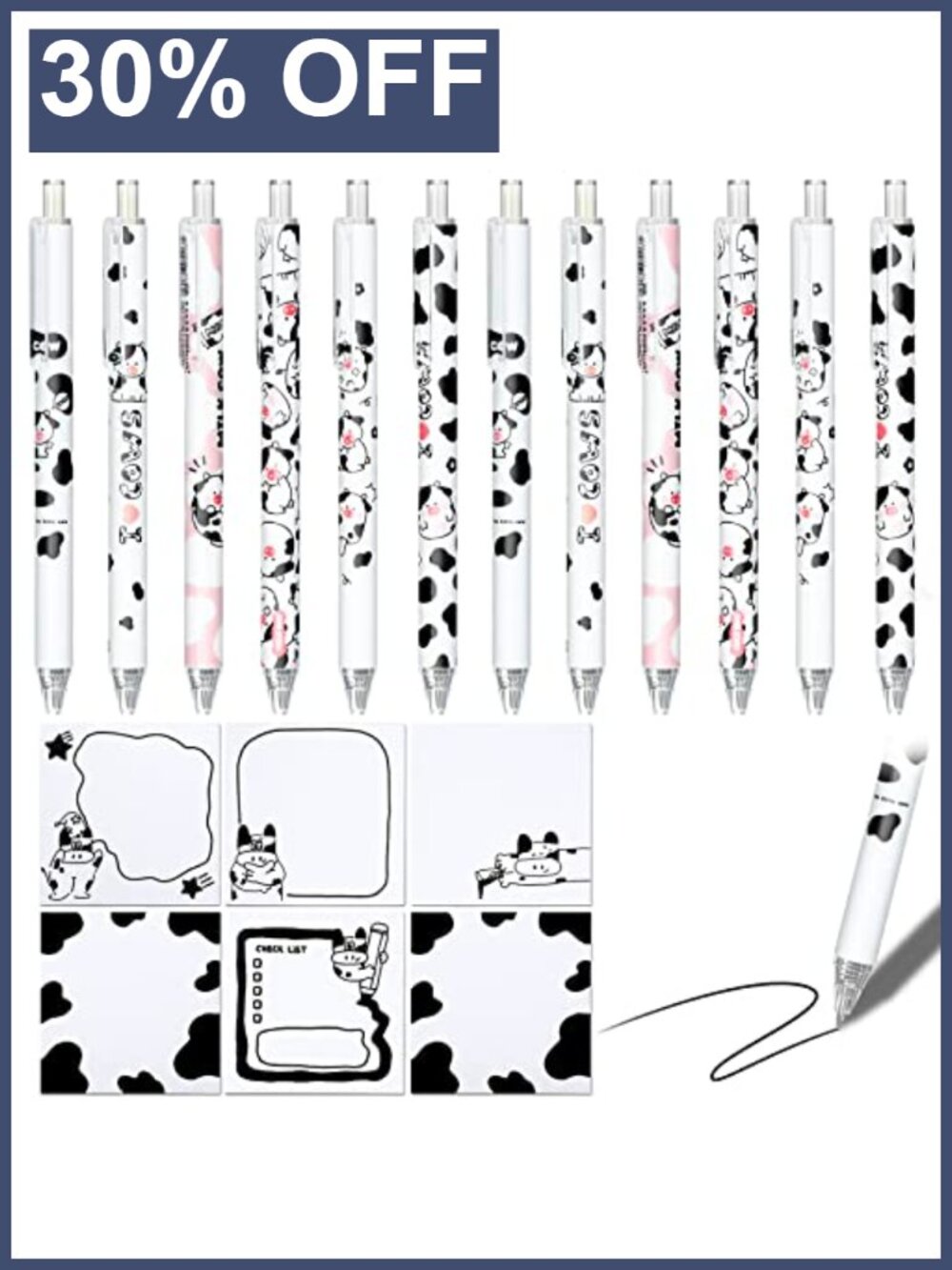 Cow Print Ballpoint Pens Sticky Notes Set Office School Supplies Student Gift